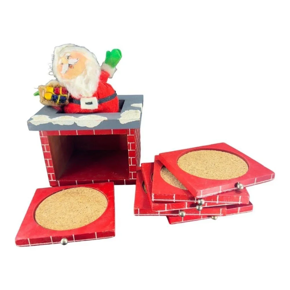 Vintage Enesco 1978 Santa Claus On Chimney Coaster Set 6 Vintage Christmas‎